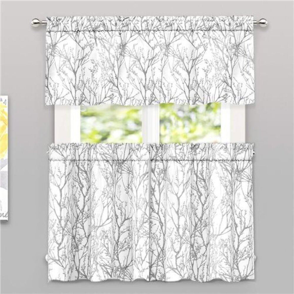 3 Piece Gray and White Kitchen Curtains with Valance and Tier Sets Rod Pocket